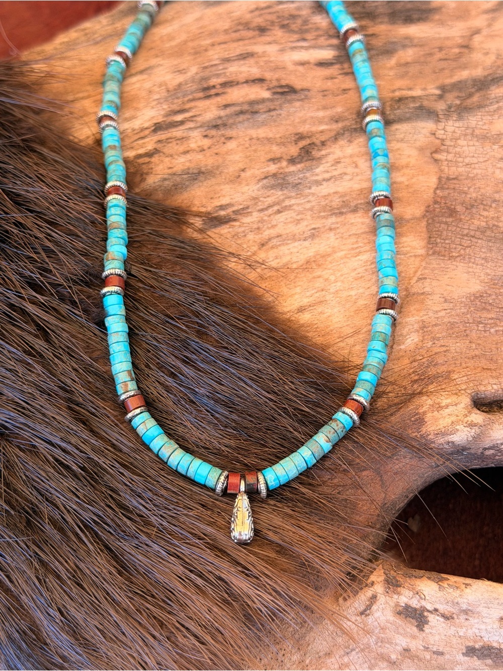 Turquoise Heishi Bead Necklace with Silver Feather Accent